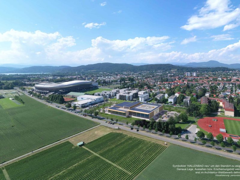 Symbolfotos: mögliche Gestaltung des neuen Klagenfurter Hallenbades am Standort Südring (Hinweis: das genaue Aussehen, die Situierung vor Ort sowie finale Gestaltung des Hallenbades und des Gesamtareals stehen erst nach dem Architekturwettbewerb fest)